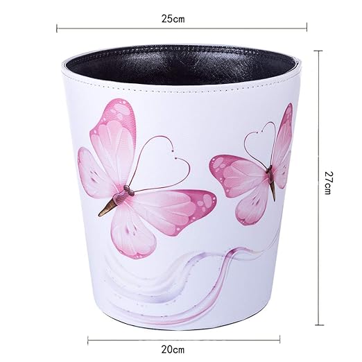 10L/2.64 Gallon PU Leather Trash Can Decorative Waterproof Wastebasket Paper Basket Garbage Bin for Home Office Bathroom - Pink Butterfly