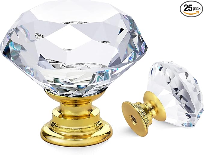Ravinte 25 Pack Crystal Drawer Knobs - Glass Cabinet Knobs, Diamond Shaped, 30 mm with Gold Base