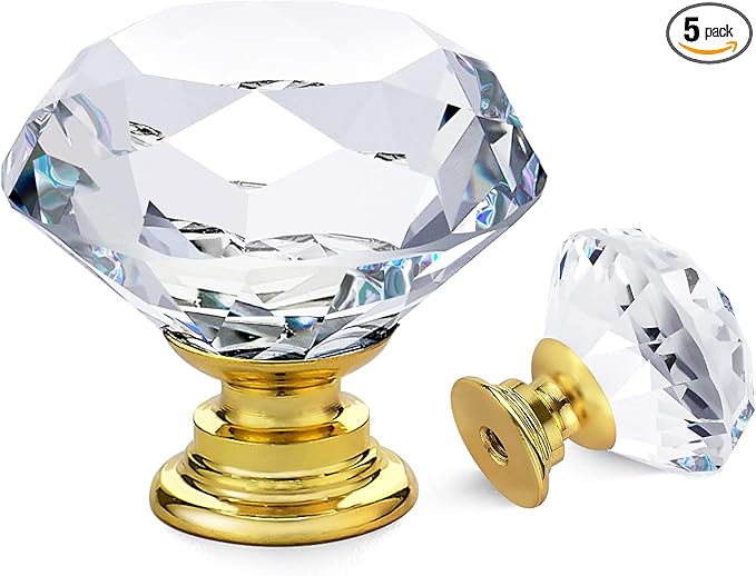 Ravinte 5 Pack Crystal Knobs for Dresser Drawers Glass Cabinet Knobs Diamond Shaped Drawer Knobs - 30 mm Knobs with Gold Base