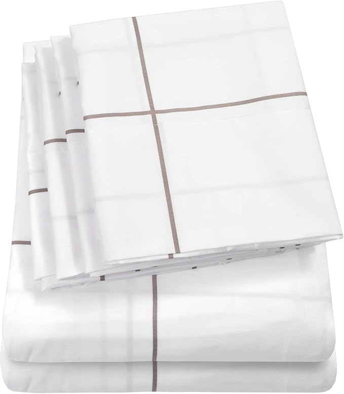Queen Sheets Window Pane White - 6 Piece 1500 Supreme Collection Fine Brushed Microfiber Deep Pocket Queen Sheet Set Bedding - 2 Extra Pillow Cases, Great Value, Queen, Window Pane White
