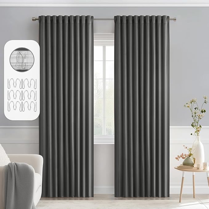 MIULEE Grey Back Tab Blackout Curtains 52x90 Inch Long 2 Panels Set | Rod by MIULEE