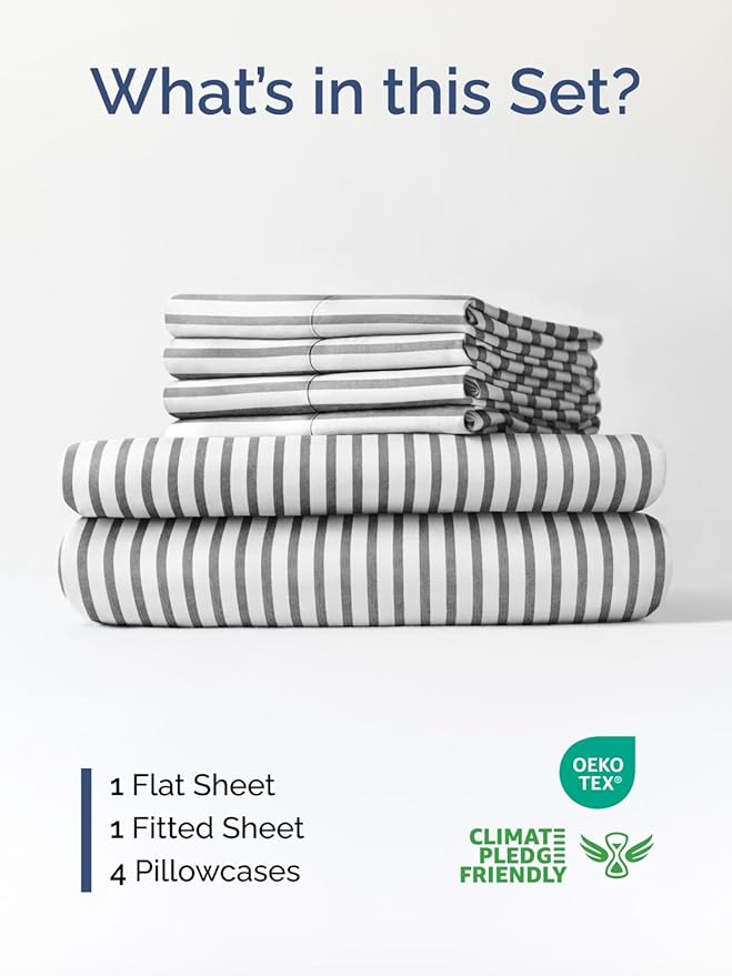 Extra Deep Full Sheet Set - 6 Piece Breathable and Cooling Sheets - Hotel Luxury Bed Sheets Set - Easy Fit - Soft, Wrinkle Free and Comfy Sheets Set - Grey Striped Sheet Set with Extra Deep Pockets
