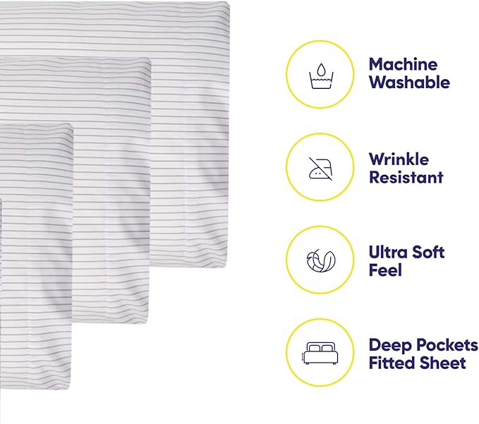 Full Size Bed Sheets - 6 Piece 1500 Supreme Collection Fine Brushed Microfiber Deep Pocket Full Sheet Set Bedding - 2 Extra Pillow Cases, Great Value, Full, Pinstripe White