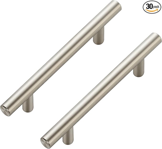 JOY DECOR 30 Pack Cabinet Handles, Brushed Nickel Cabinet Pulls, 3-3/4 in Hole Center Kitchen Cabinet Handles, Stainless Steel T Bar Handles for Dresser Drawers