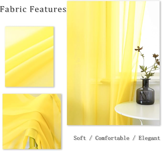 Yellow Curtains 108 Inches Long for Bedroom 2 Panels Grommet Voile Drapes Semi Sheer Light Filtering Sliding Glass Door Curtains for Floor Length Windows Patio Living Room Wide 52x108 Inch Length