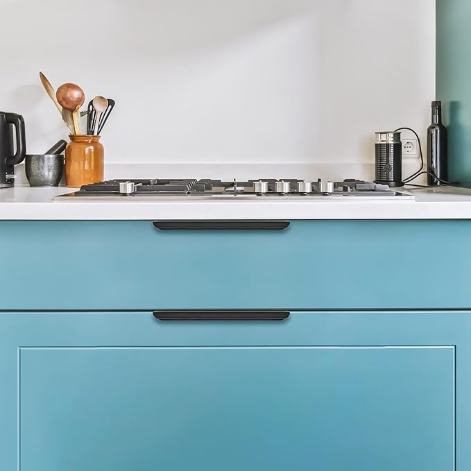 Ravinte Hardware 8 Pack Black Cabinet Handles, 7.8 Inch (200mm) Finger Edge Pulls, 6-1/4 Inch Hole Center, Finger Pulls for Cabinets