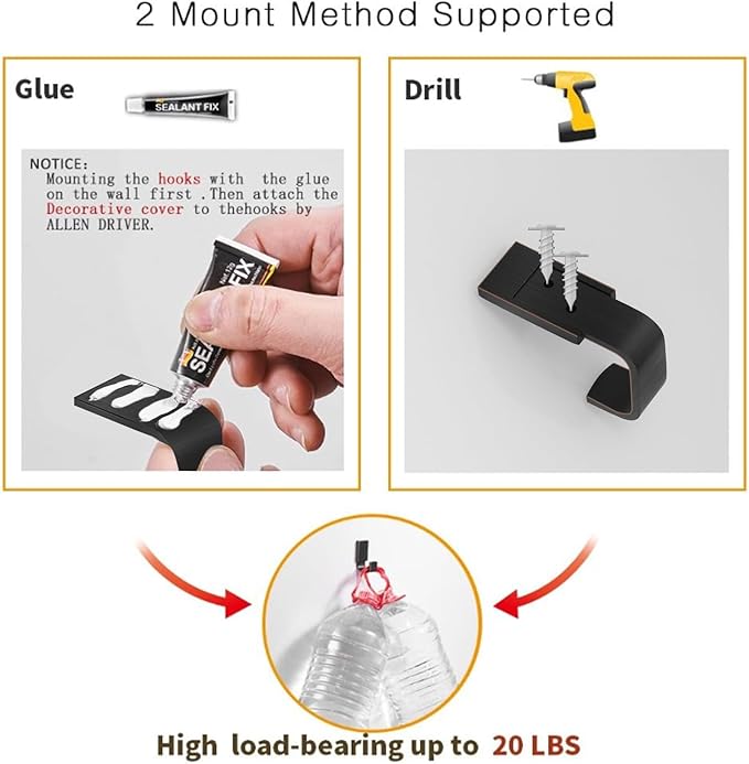 BESy Brass Clothes Hook Single Towel Hook for Bathroom Kitchen Garage Square Style Robe Hooks Coat and Hat Hook, Self Adhesive with Glue or Wall Mounted with Screws, Two Packs, Oil Rubbed Bronze
