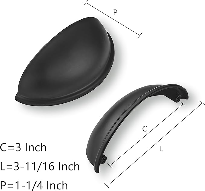 khtumeware 2 Pack 3" Drawer Pulls Matte Black Cabinet Cup Pulls Kitchen Hardware Cabinet Handles Drawer Handles Knobs 3 inch Hole Center