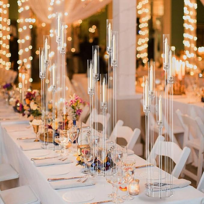5 Arm Floor Candelabra,Acrylic Floor Candle Holder for Wedding Centerpiece Tall Clear Candle Holders for Ceremony Birthday Party Home Decoration Fit 0.8 LED Candles