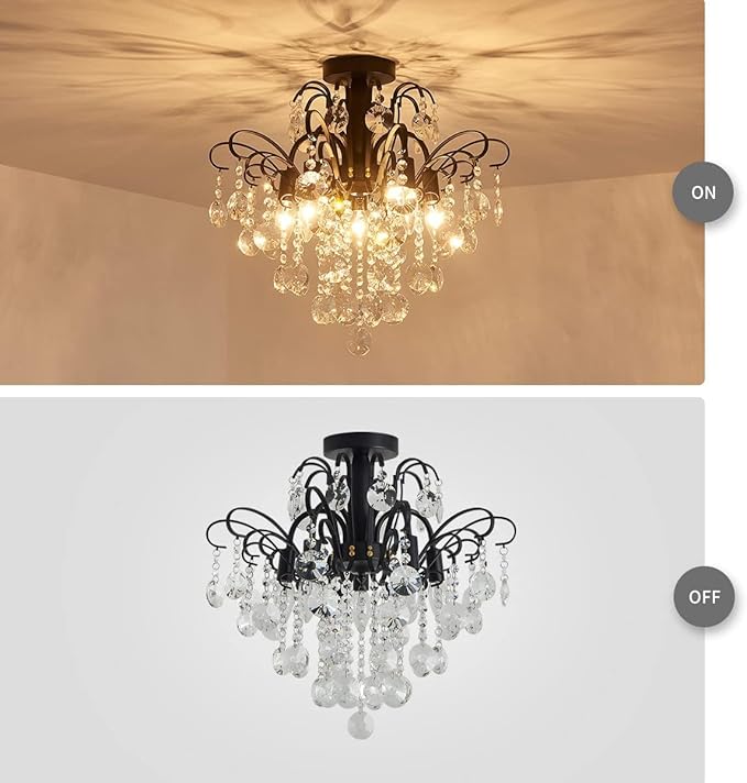 WUZUPS Crystal Chandelier Flushmount Ceiling Light Modern Lighting Fixture for Bedroom Hallway Bar Kitchen Bathroom, H 17.5'' x W 19.3'', E12 Base, Black