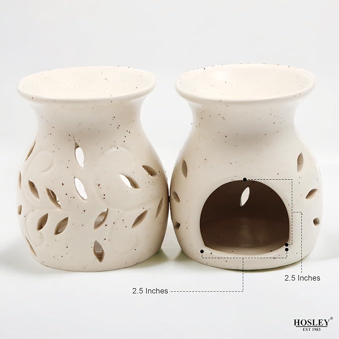 Hosley Elegant Ceramic Oil Warmers with Leaf Pattern and Speckle Design 4.5 Inches High Tealight Compatible for Aromatherapy and Home Decor Set of 3