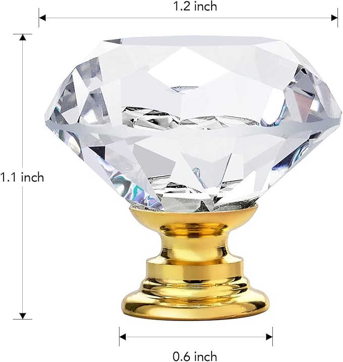 Ravinte 15 Pack Crystal Drawer Knobs - Glass Cabinet Knobs, Diamond Shaped, 30 mm with Gold Base