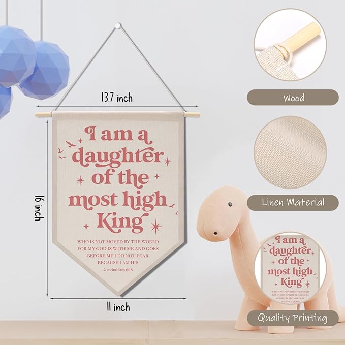 Christian Room Decor Daughter of The King Canvas Hanging Pennant Flag Banner Wall Sign Decor Gift for Nursery Bedroom Playroom Game Room Front Door
