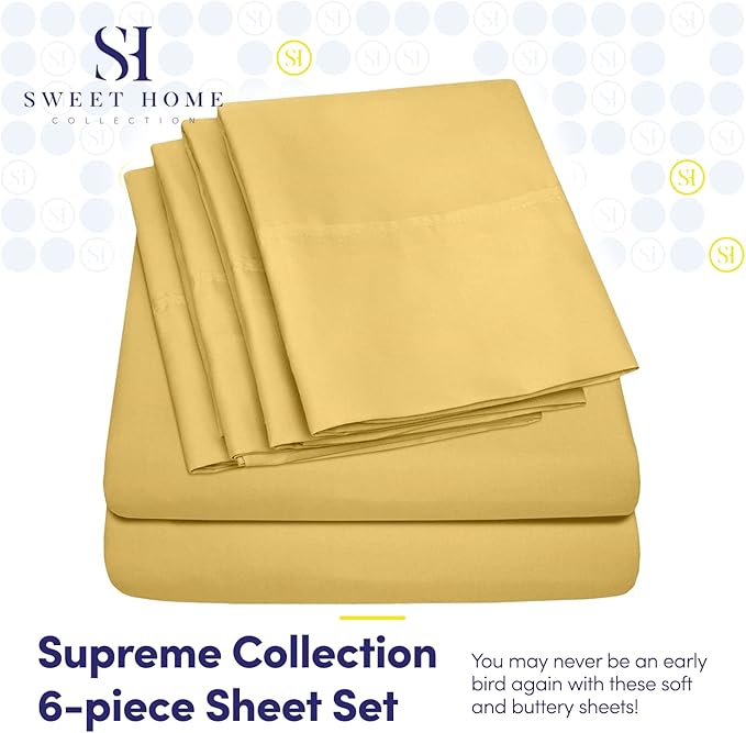 Sweet Home Collection 6 Piece 1500 Supreme Collection Brushed Microfiber Deep Pocket Sheet Set-2 Extra Pillow Cases, Great Value, Rv Short Queen, Yellow