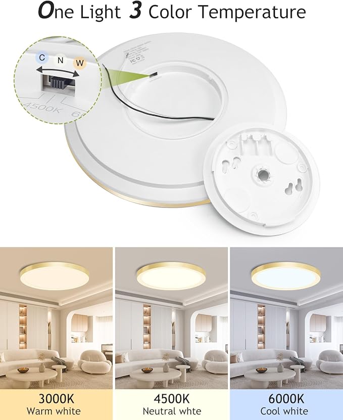 hepside 4PACK Flush Mount LED Ceiling Light Fixture Golden, 12Inch 28W, Dimmable 3000K-4500K-6000K 3 Color Selectable Ceiling Lamp 3200LM Low Profile Ceiling Light for Kitchen Bedroom Hallway