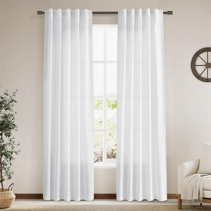 White Linen Curtains 84 Inch Length 2 Panels Set by Nanspring