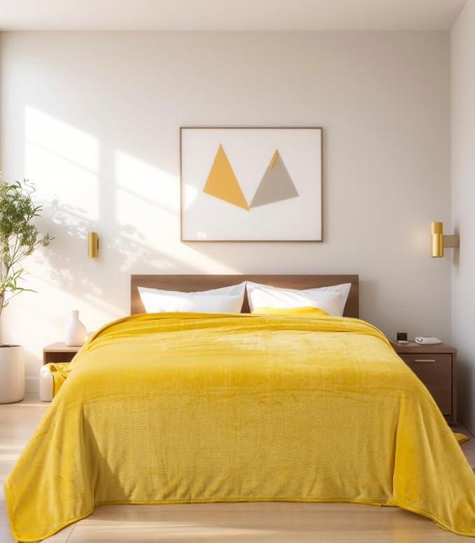 Soft Queen Size Blanket for All Season Warm Fuzzy Microplush Lightweight Thermal Fleece Summer Autumn Fall Winter Spring Blankets for Queen Full Bed Couch Sofa,90x90 Inches,Yellow