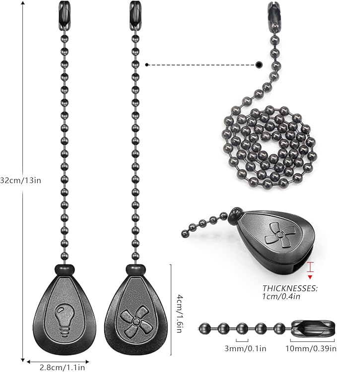Black Ceiling Fan Pull Chain, 4Pcs 12 Inches Decorative Fan Pull Chain Ornaments Extension, 3mm Diameter Beaded Ball Fan Pull Chain Extender with Connector (4 Pack)