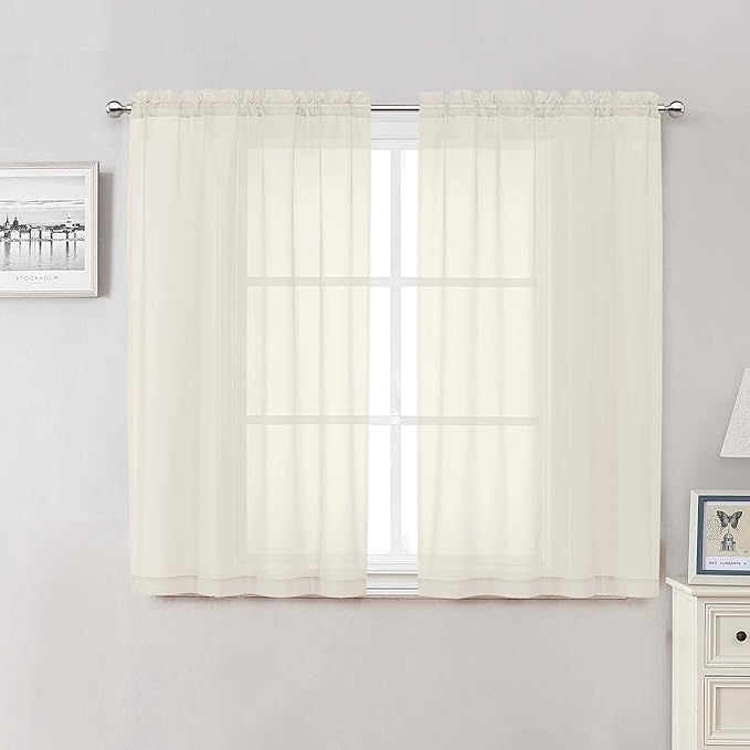 Cream Sheer Curtains 50 Inch Length 2 Pcs, Rod Pocket Light Filtering Voile by Lecloud