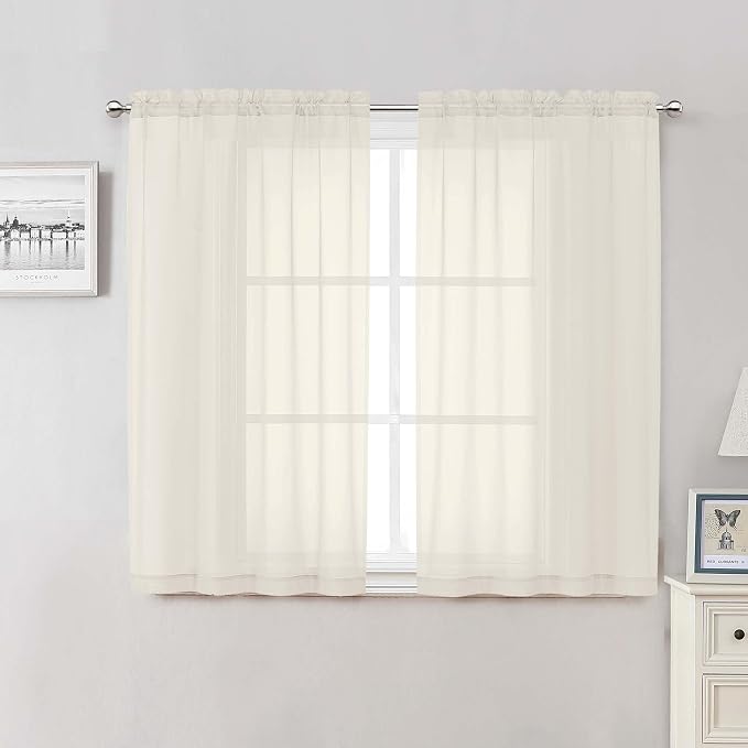 Cream Sheer Curtains 48 Inch Length 2 Pcs, Rod Pocket Light Filtering Voile by Lecloud
