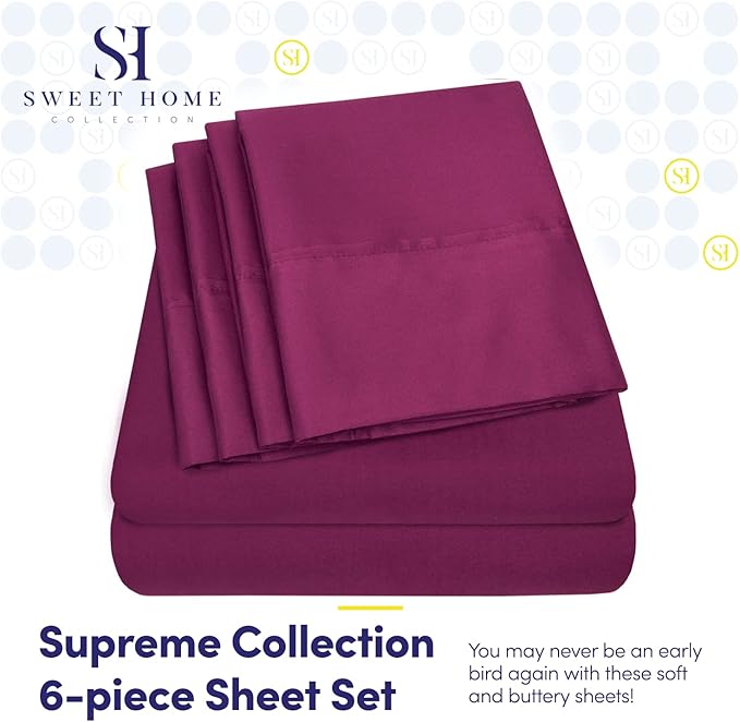 Cal King Size Bed Sheets - 6 Piece 1500 Supreme Collection Fine Brushed Microfiber Deep Pocket California King Sheet Set Bedding - 2 Extra Pillow Cases, Great Value, California King, Berry