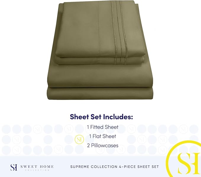 Queen Size Bed Sheets - Breathable Luxury Sheets with Full Elastic & Secure Corner Straps Built In - 1800 Supreme Collection Extra Soft Deep Pocket Bedding Set, Sheet Set, Queen, Olive