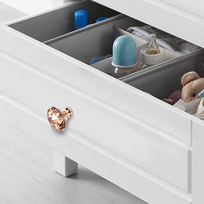 JUXYES 8 Pack 40mm Glass Crystal Cabinet Handles Knobs, Rose Gold Diamond Glass Handle Decorative Drawer Knob Modern Cupboard Door Handle Knobs for Dresser Drawer Cabinet Closet