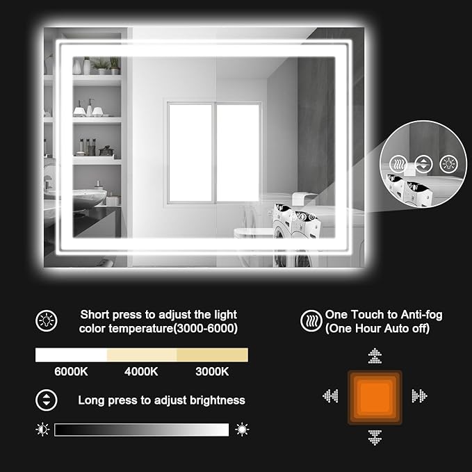 LED Bathroom Mirror, 48"X24" with Front and Backlit, Anti-Fog, Large Bathroom Vanity Mirror for Wall, Memory Function, Stepless Dimmable, Tempered Glass (Horizontal/Vertical)
