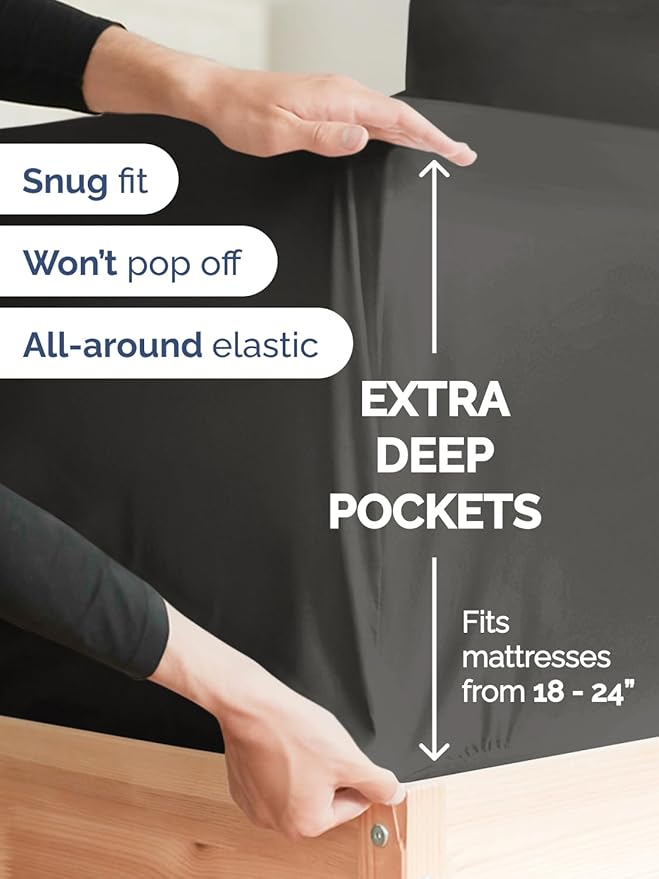 Extra Deep Twin XL Sheet Set - 4 Piece Breathable & Cooling Sheets - Hotel Luxury Bed Sheets Set - Easy & Secure Fit - Soft, Wrinkle Free & Comfy Sheets Set - Charcoal Sheet Set w/Extra Deep Pockets