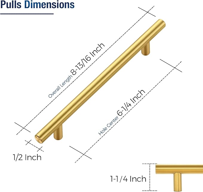 JOY DECOR 10 Pack Cabinet Handles, Gold Cabinet Pulls, 6-1/4 in Hole Center Kitchen Cabinet Handles, Stainless Steel T Bar Handles for Dresser Drawers