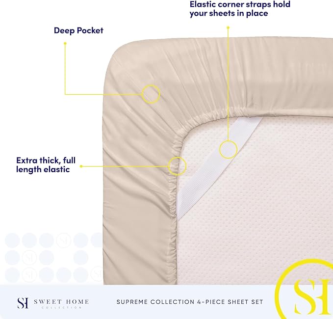 King Size Sheets - Breathable Luxury Bed Sheets with Full Elastic & Secure Corner Straps Built In - 1800 Supreme Collection Extra Soft Deep Pocket Bedding Set, Sheet Set, King, Beige