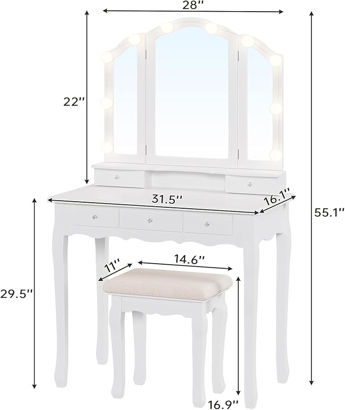 Tiptiper Vanity Table Set with Lighted Tri-Folding Mirror, Makeup Vanity with Lights & 3 Color Lighting Modes, Vanity Desk with Mirror and Cushioned Stool, Makeup Table with 5 Drawers, White