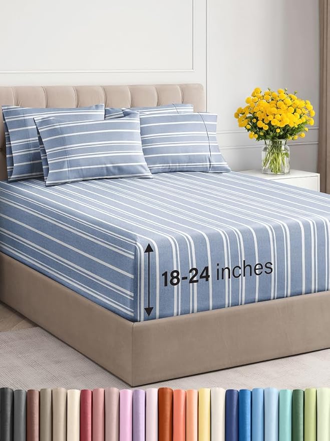 Extra Deep King Sheet Set - 6 Piece Breathable and Cooling Sheets - Hotel Luxury Bed Sheets Set - Easy Fit - Soft, Wrinkle Free and Comfy Sheets Set - Blue Striped Sheet Set with Extra Deep Pockets