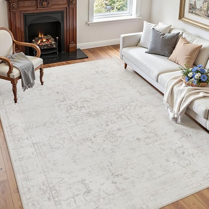6x9 Area Rugs Living Room: Bedroom Washable Carpet Neutral Cream | Large - Image 3