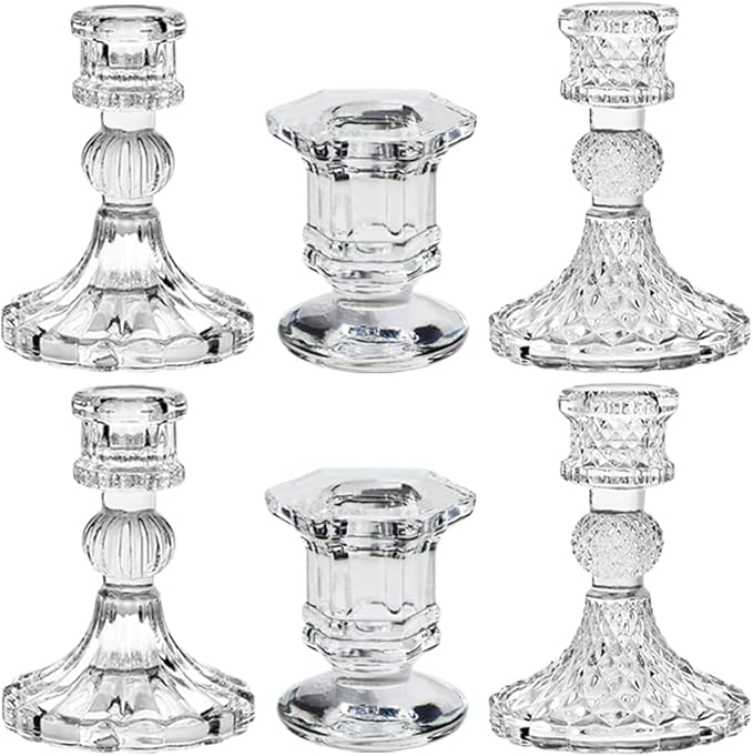 Glass Candlestick Holders Set of 6, Taper Candle Holder for Wedding Festival Christmas Party Valentine's Decor, Table Centerpieces