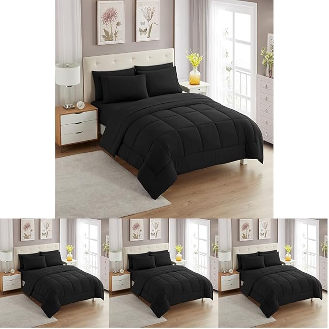 Sweet Home Collection 5 Piece Comforter Set Bag Solid Color All Season Soft Down Alternative Blanket & Luxurious Microfiber Bed Sheets, Black, Twin (Pack of 4)