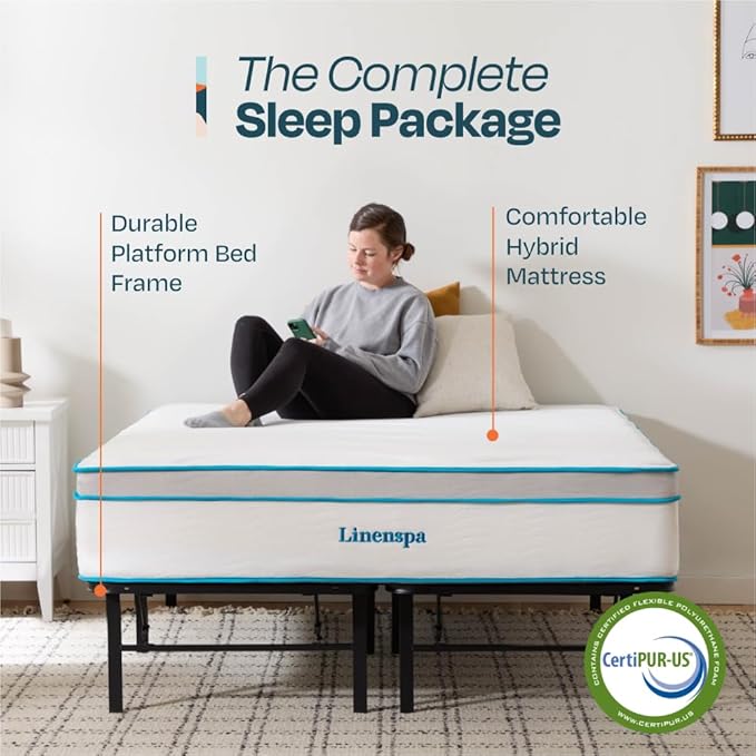 Linenspa 12” Memory Foam and Innerspring Hybrid Mattress + 14” Black Metal Platform Bedframe – Twin XL Mattress + Metal Folding Twin XL Bedframe
