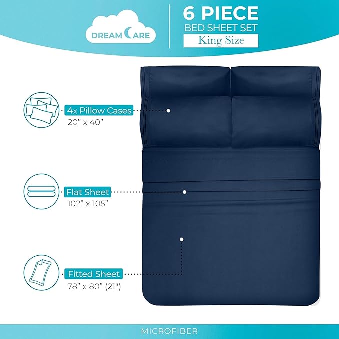 DREAMCARE Queen Sheet Set – 6 pcs Cooling Bed Sheets – up to 15” Deep Sheets Queen Size Bed Set – 2500 Supreme Collection – Extra Soft 100% Brushed Microfiber Hotel Luxury with Side Pocket – N Blue
