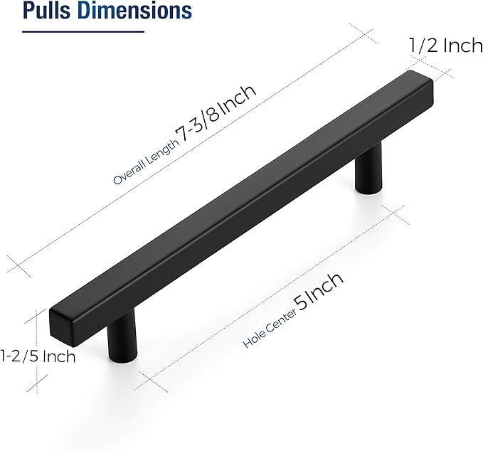 JOY DECOR 45 Pack 5 Inch Matte Black Square Cabinet Handles Stainless Steel Cabinet Hardware Pulls for Kitchen and Drawers with 7-3/8 Inch Overall Length