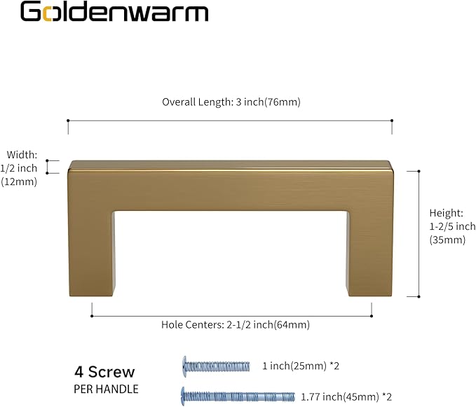 goldenwarm 5 Pack Champagne Bronze Cabinet Pulls Gold Cabinet Handles 2-1/2 Inch Champagne Gold Drawer Pulls Brushed Bronze Drawer Handles Kitchen Square Hardware for Bathroom Dresser
