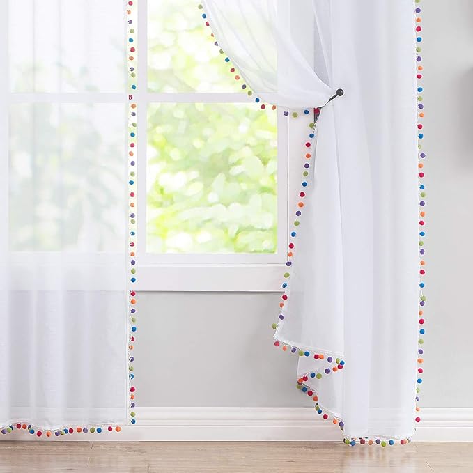 Treatmentex White Sheer Curtains Multi Colorful Pom Pom Sheer Drapes 63" inches Long Window Draperies for Nursery Room Bed Canopy 2 Panels Rod Pocket