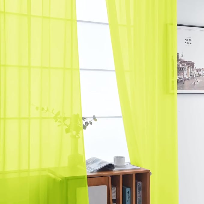 SpaceDresser Basic Rod Pocket Sheer Voile Window Curtain Panels Chartreuse 1 - Image 3
