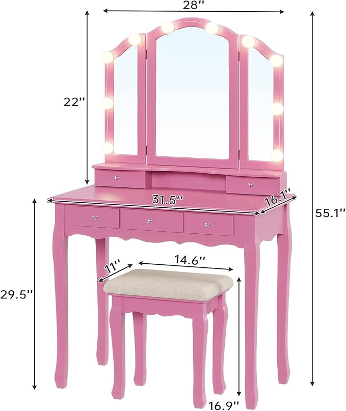 Tiptiper Vanity Desk with Tri-Fold Mirror and Lights, Makeup Vanity with Wood Upholstered Stool, Makeup Desk with 5 Drawers & 8 Jewelry Hooks, Small Vanity, Pink