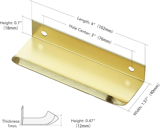 Ravinte Hardware 10 Pack Gold Cabinet Handles, 4 Inch (102mm) Finger Edge Pulls, 3 Inch Hole Center, Finger Pulls for Cabinets