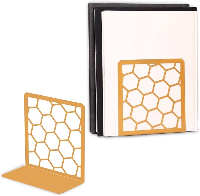 GEOMOD Geometric Honeycomb Gold Metal Bookends Decorative - Tall Sturdy Book Ends for Shelves - Modern Heavy Duty Bookend Stopper - Office or Home Book Shelf Book Holder - 6x3.25x6.25 Inches - 1 Pair
