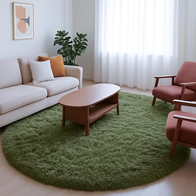 Amdrebio Olive Green Round Shag Area Rug 4Ft - Image 7