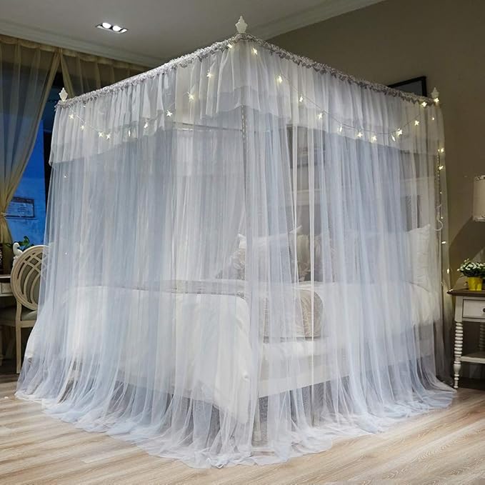Joyreap Luxury 4 Corners Post Canopy Bed Curtains - Grey & White Cozy Drape Netting - Cute Princess Style Bedroom Decoration Accessories (47" W x 78" L, Twin)