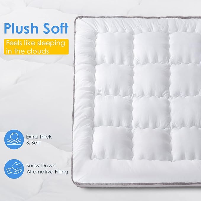 QUEEN ROSE Mattress Topper King, Extra Thick Mattress Pad Cover for Back Pain, Cooling Pillow Top Mattress Bed Topper, Soft Comfort for Firm Mattress, Overfilled Down Alternative, King Size, White