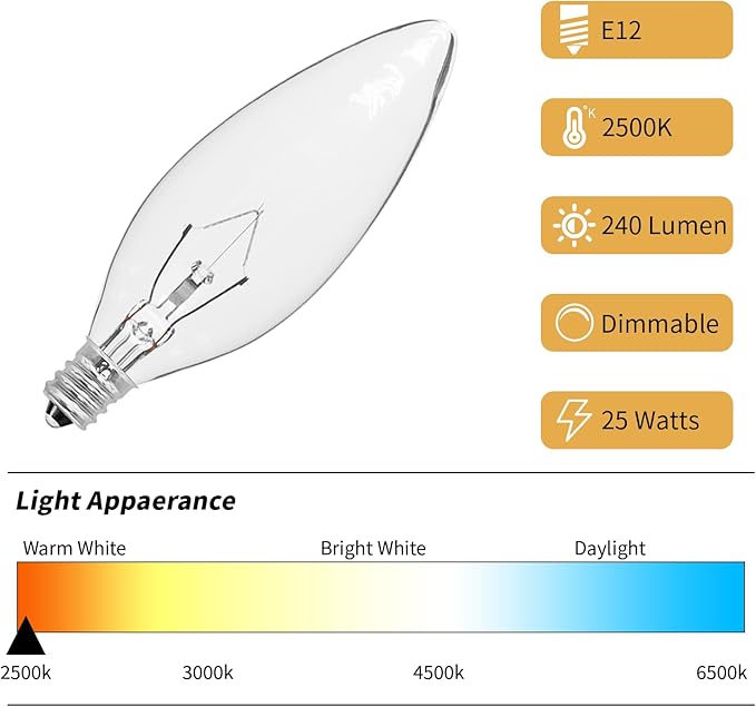 12-Pack E12 Candelabra Light Bulbs 25W Warm White 2500K, 240 Lumen Dimmable Chandelier Light Bulbs for Ceiling Fan, Pendants or Outdoor, B10 Clear Incandescent Bulbs