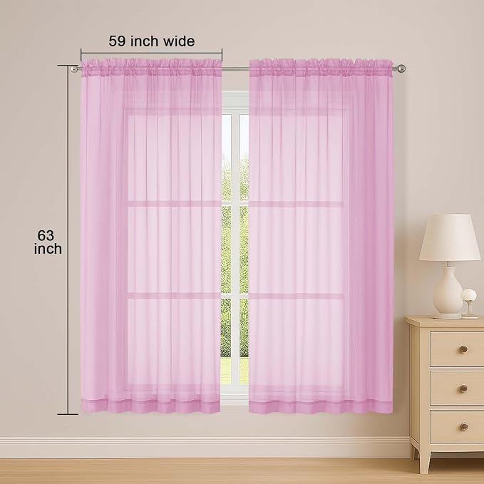 Sheer Pink Curtains, Sheer Curtains 63 inch Length 2 Panels Set, Rod Pocket - Image 3